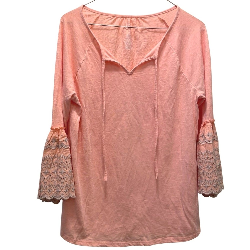 St Johns Bay Casual Top Peach 3/4 Flounce Sleeve Embroidered Split Neck Medium‎